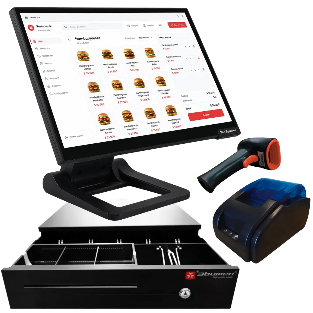 Kit POS ilustrativo con pantalla mostrando un menú de restaurante, lector manual e impresora