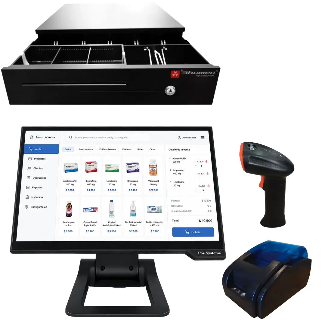 Kit de referencia con pantalla de productos de droguería, lector manual, impresora y cajón